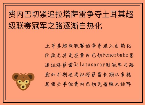 费内巴切紧追拉塔萨雷争夺土耳其超级联赛冠军之路逐渐白热化